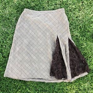 bebe Plaid A-Line Skirt with Brown Lace Panel - Beige